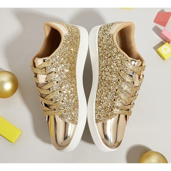 Brand New Women All Gold Rubber Glitter Sneakers Sparkly Fashion Lace Up Shoe - Picture 3 of 9